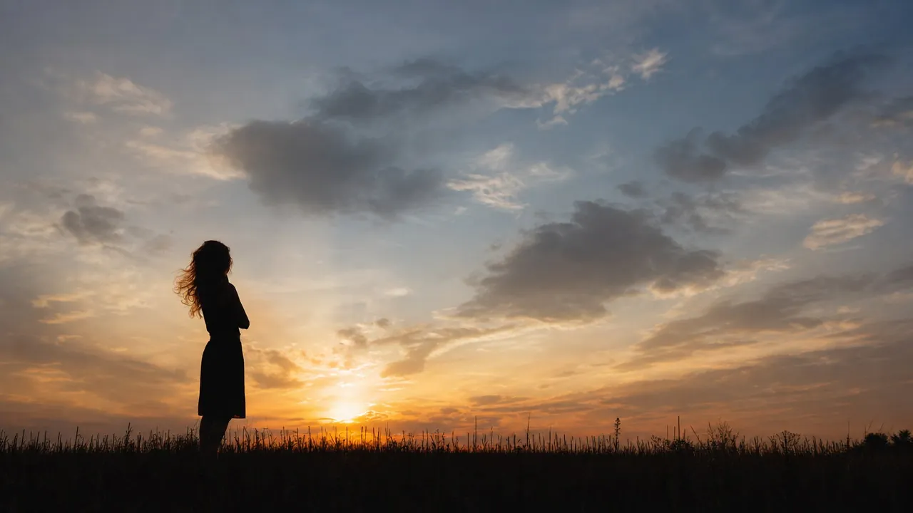 Eine Frau als Silhouette in einer Wiese vor dem Abendhimmel – die Szene des Buches Neubeginn jetzt